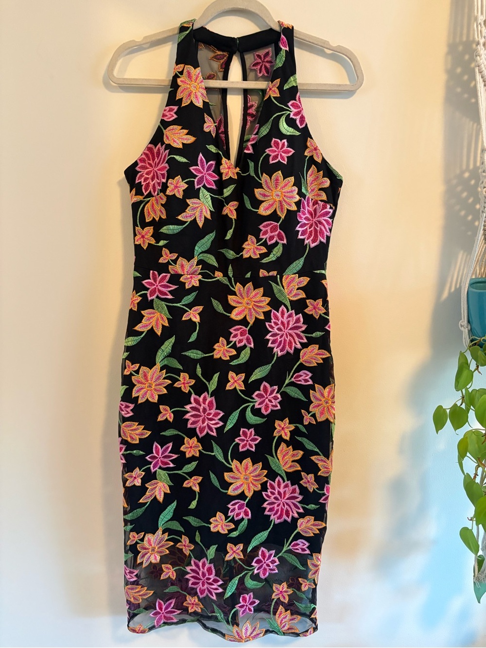 Floral Halter Sheath Dress in Black with Pink & Yellow Flowers
